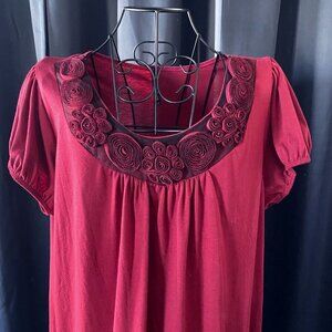 Judith - Wine Colored Top with Rose Embellishments